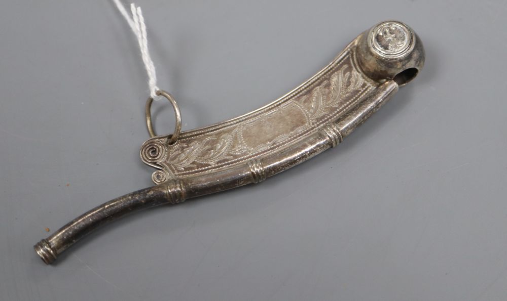 A Victorian engraved silver bosuns call, Hilliard & Thomason, Birmingham, 1873, 11.7cm.